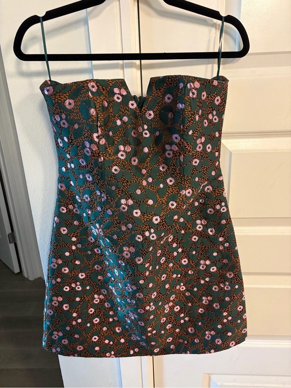 Eva Franco Green Floral Broccade Strapless Mini Dress